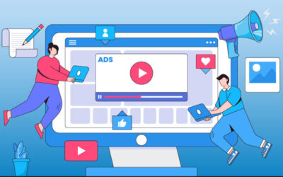 Illustration of two characters interacting with a large computer screen displaying a video player, surrounded by icons representing social media engagement, ads, and digital content creation, emphasizing fluid and dynamic animation in web design.