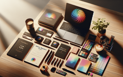 Colorful personal branding kit elements including notebooks, color palettes, a laptop, and stationery, showcasing tools for professional development and brand enhancement.